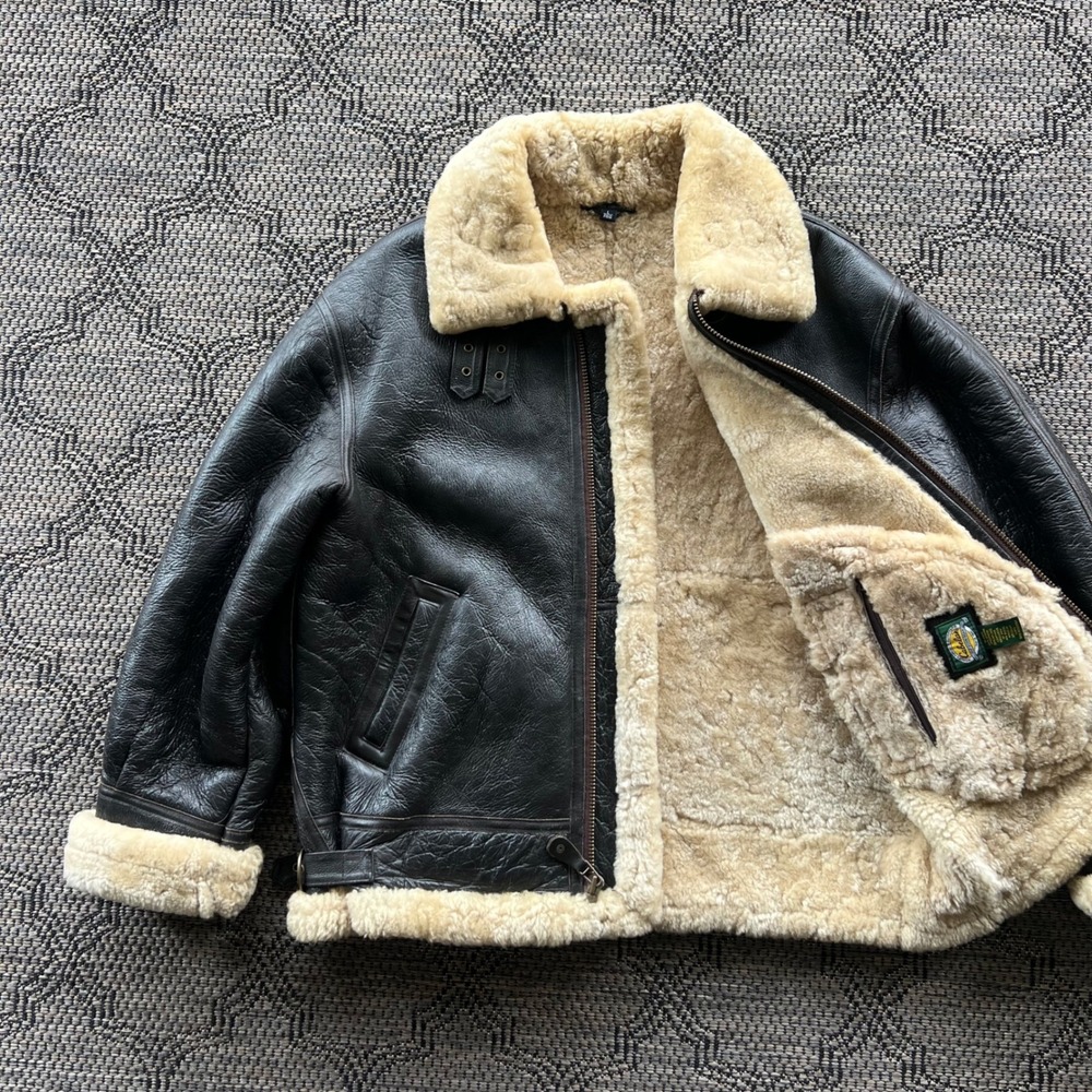 VTG Cabela's Jacket Mens Large Brown B-3 Leather Bomber Sheepskin Shearling - Picture 2 of 9